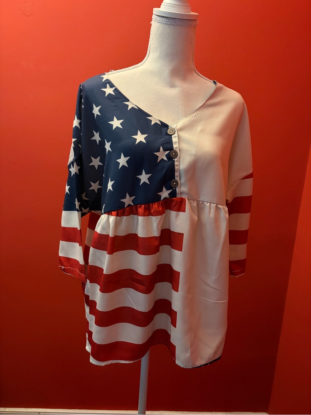 V-Neck Button Front Tunic Top - Red, White & Blue